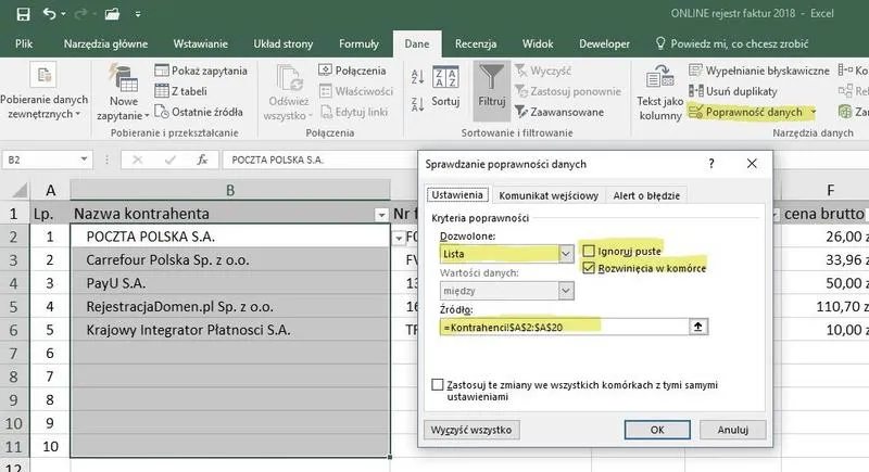 Excel lista rozwijana